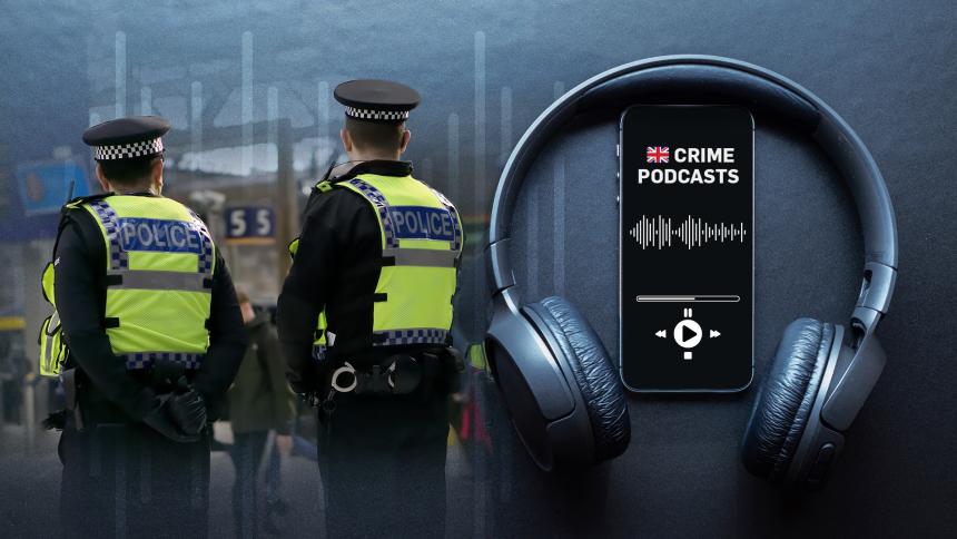 A graphic composite of British police officers and a mobile phone with headphones