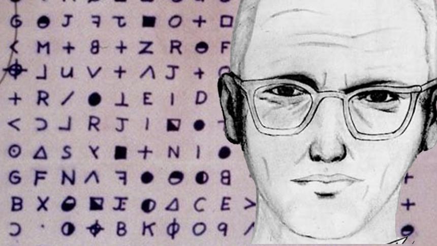 Composite sketch of the Zodiac Killer overlayed on one of the letters he sent to the press