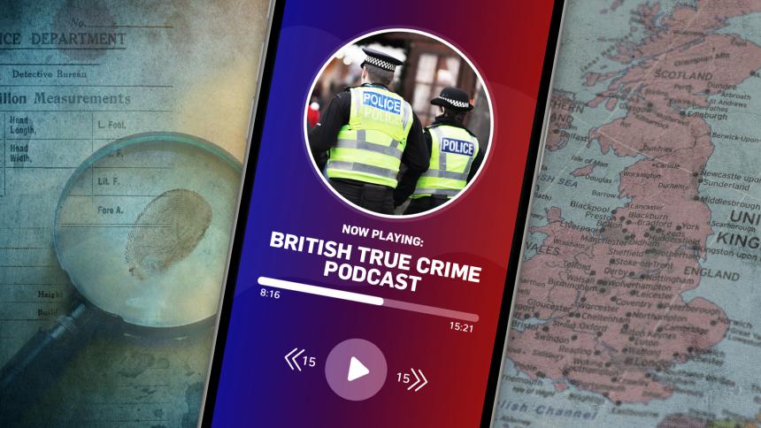 A graphic of a smartphone playing a true crime podcast, with a map of Britain in the background