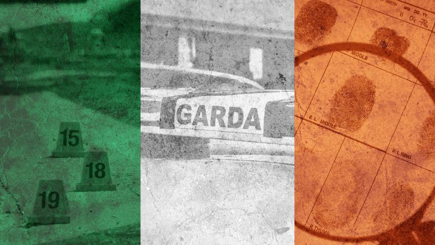 A montage of crime scenes overlaid with The National Flag of Ireland
