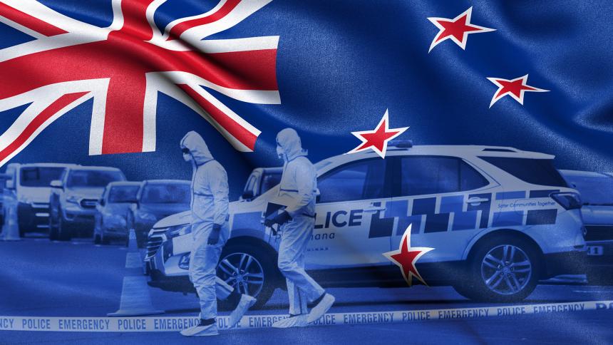 An edited image showing the New Zealand flag and a New Zealand police car