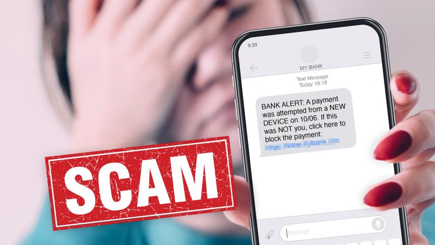 A digitally edited graphic showing a person holding a phone with a scam text message on display