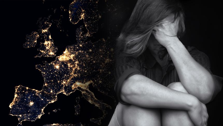 A graphic showing a map of Europe and a woman hiding her face