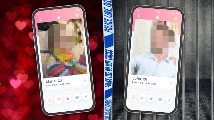 Two mobile phones with dating apps, a heart background and a prison cell background