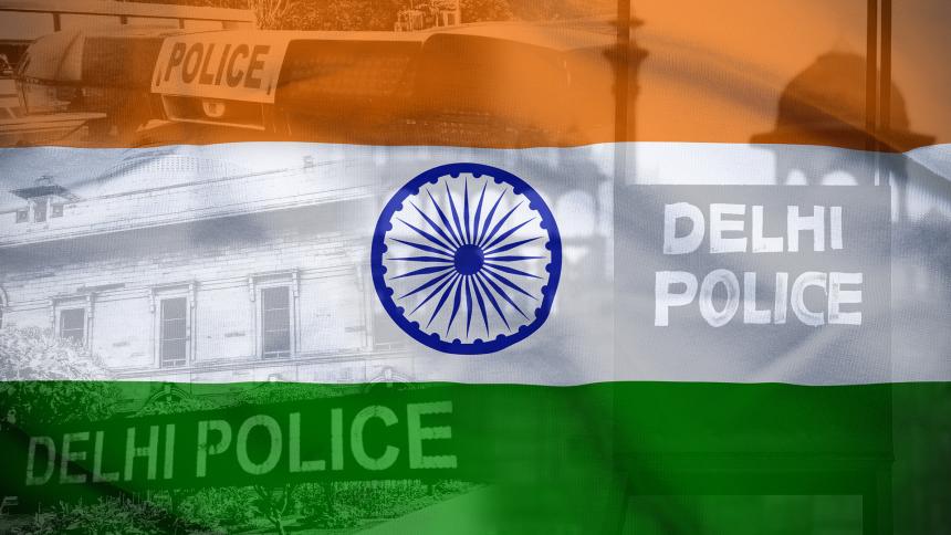 Indian flag overlayed with police signs