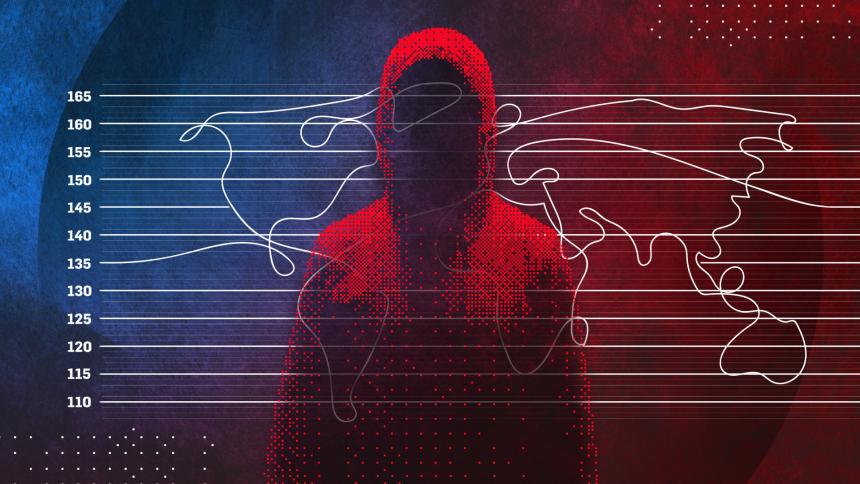 A height chart with a world map and a hooded figure in the foreground