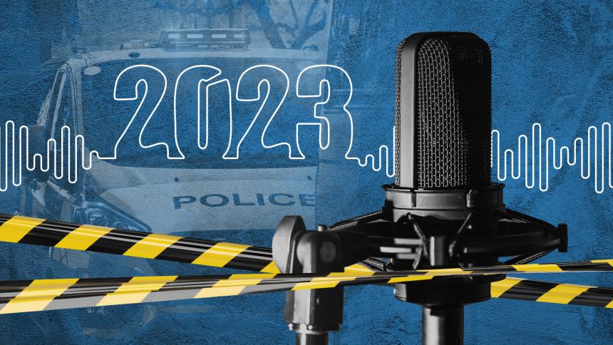 A graphic showing a microphone, police tape and '2023'