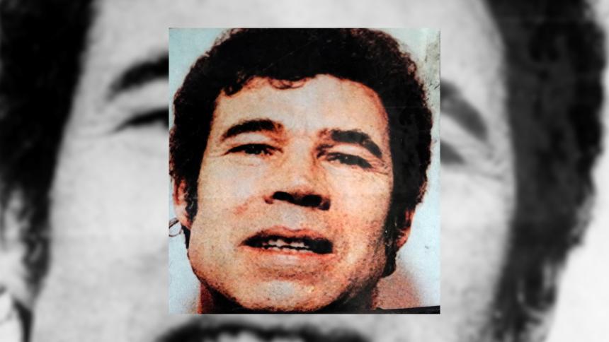 A photo of Fred West imposed over a larger black and white photo