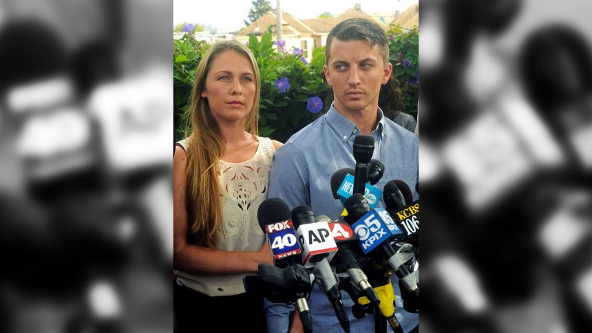 Denise Huskins and Aaron Quinn address the media