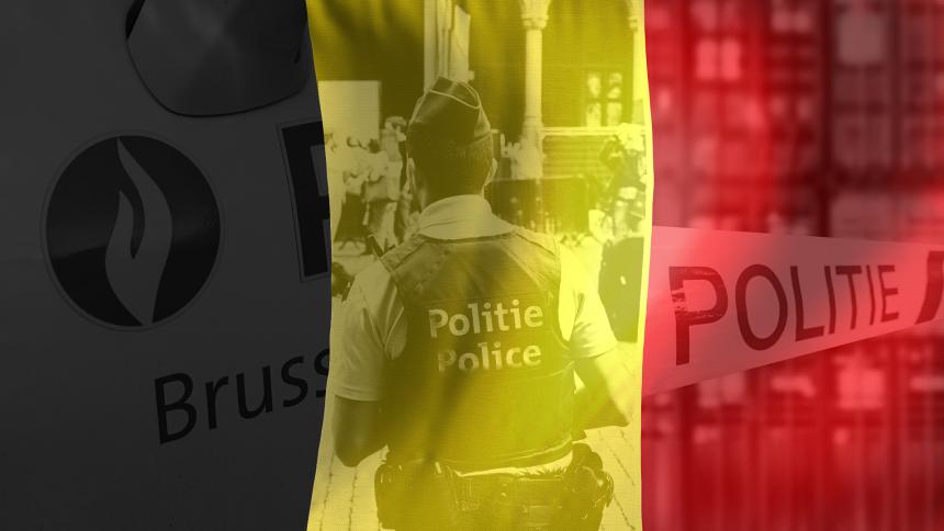 The Belgian flag overlayed with images of a Belgian police vehicle, officer and tape