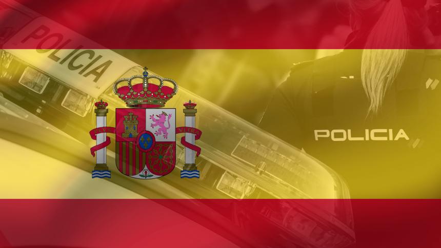 The Spanish flag is overlayed with images of a Spanish police vehicle and officer
