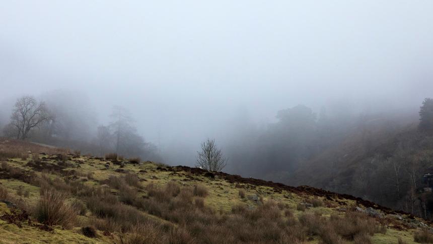 A gritty winter mist covers a woodland sided valley on high moorland