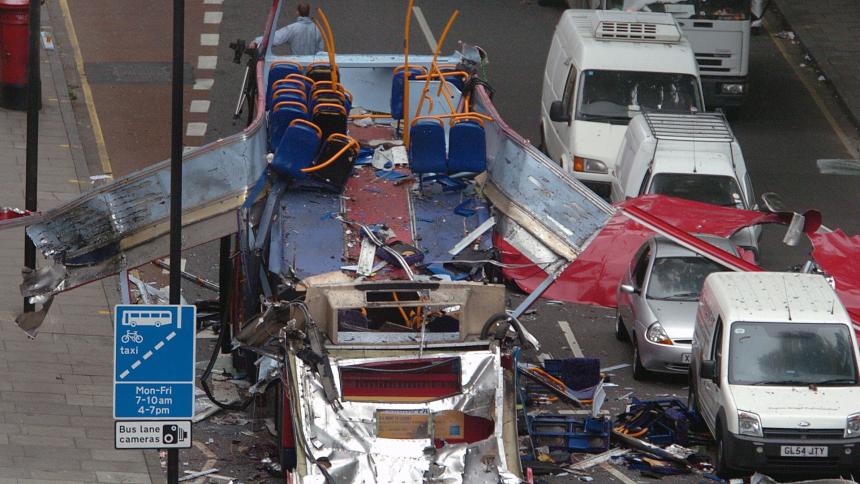 The remains of the double-decker bus that was targeted during the London bombings