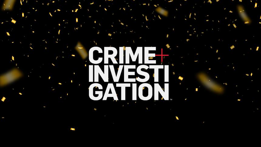 Crime+Investigation logo on a black background with gold confetti falling down