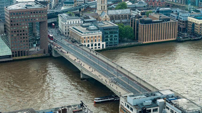 Aerial image of London Bridge leading into Borough Market
